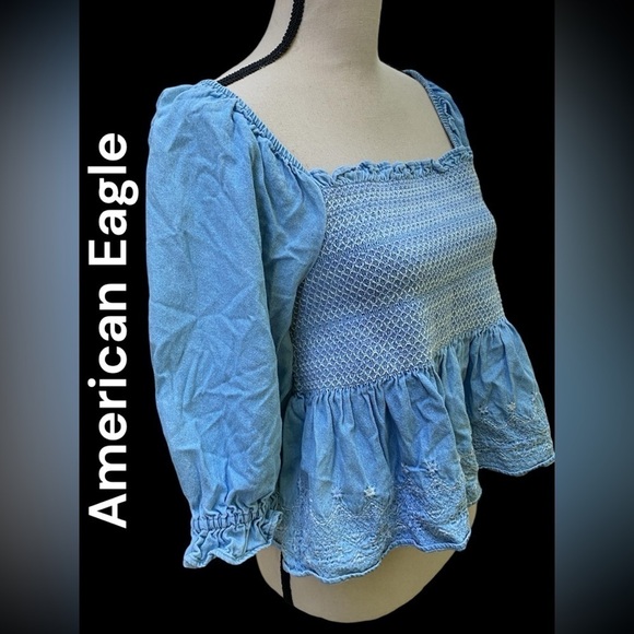 American Eagle-medium Cottagecore Denim Embroidered Puff Sleeve Boho Blouse EUC! - Picture 1 of 11